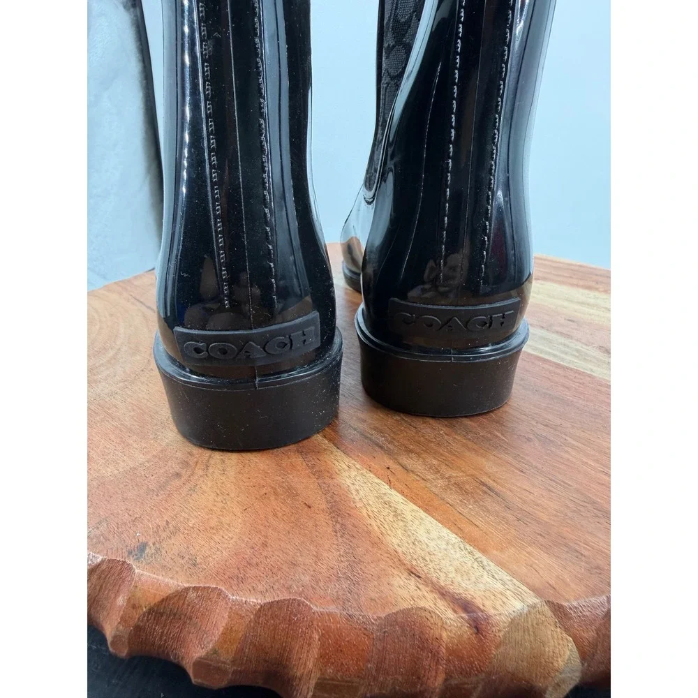 Coach Rivington Rain Boot Women 6 Black Signature Knit Sock Ankle Waterproof